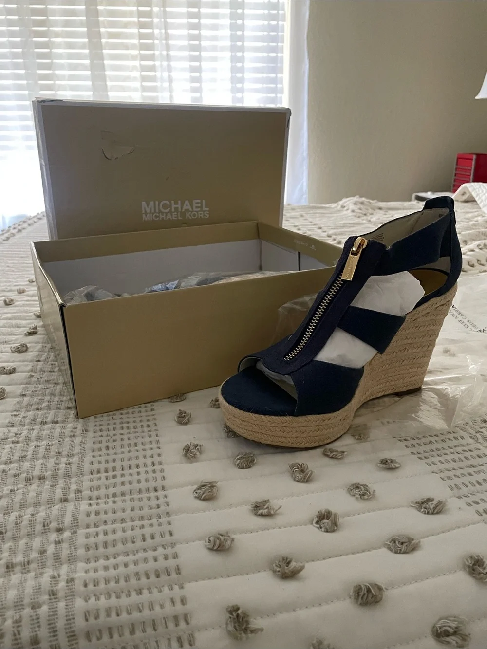 Michael Kors Navy Canvas Espadrille Wedge Sandals